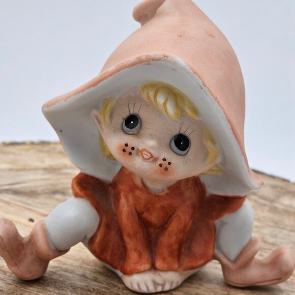 VTG 1980s HOMCO Elf PIXIE Fairy Shelf Sitter Figurine Orange Big Eyes Porcelain - Picture 1 of 7